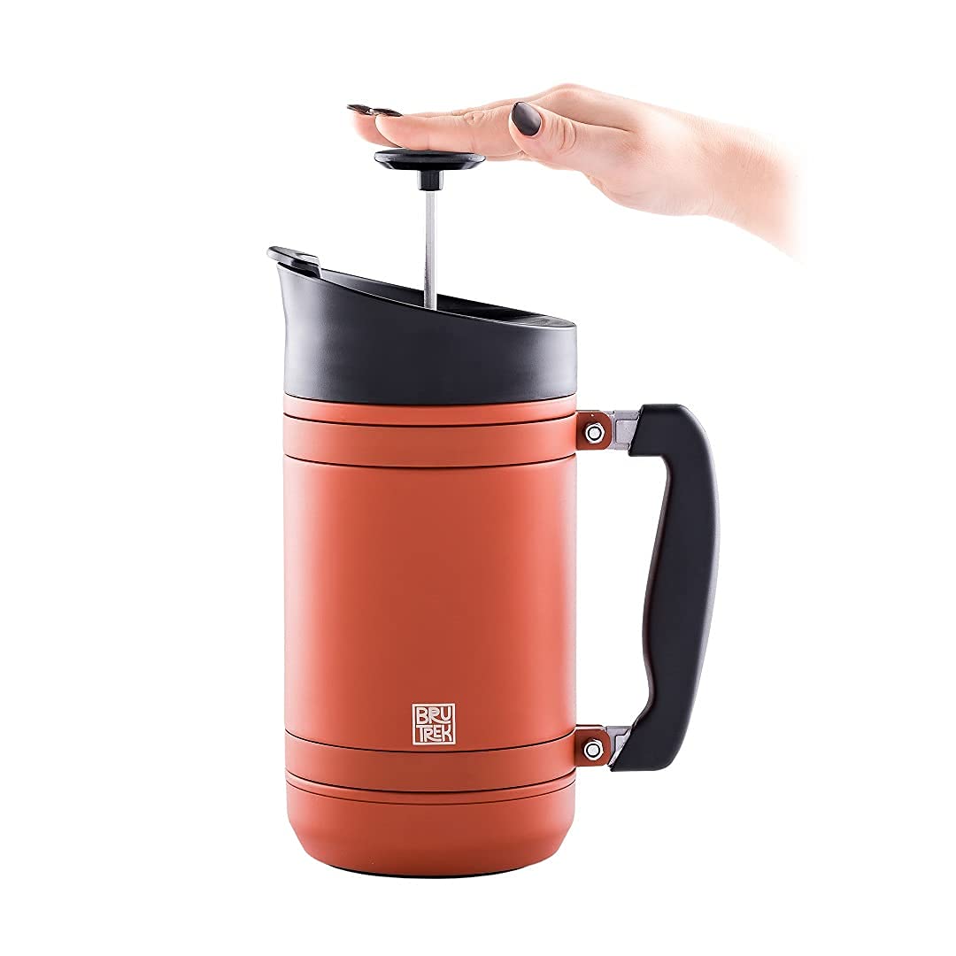 Brutrek Basecamp Coffee Press - Double Wall Insulated Stainless Steel - Bru-Stop Technology, No Grounds In Coffee, No Spill Lid