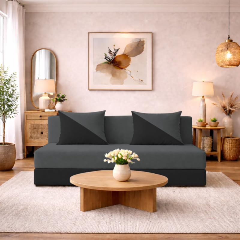 Adorn India Easy Desmond 3 Seater Sofa Cum Bed 5 X 6 Velvet (Tan & Black) (1 Year Warranty)