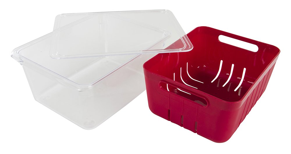 Kitchen Spaces KSCB12-AMZ Colander Bin Stackable Food Storage Organizer for Fridge  Freezer  and Pantry  8.8'' x 6.8'' x 3.9''  Red & Clear