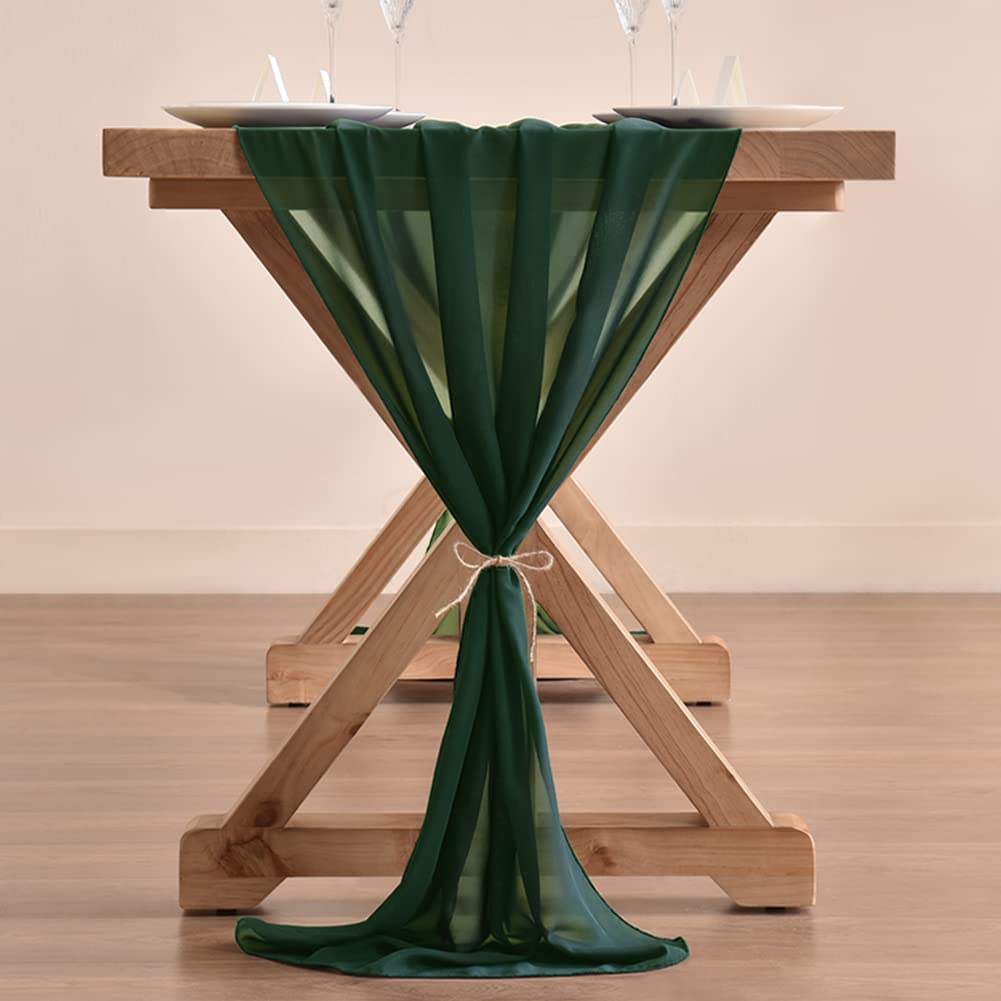 Socomi 10Ft Emerald Green Chiffon Table Runner 29X120 Inches Wedding Runner Sheer Thanksgiving Christmas Bridal Shower Decoratio