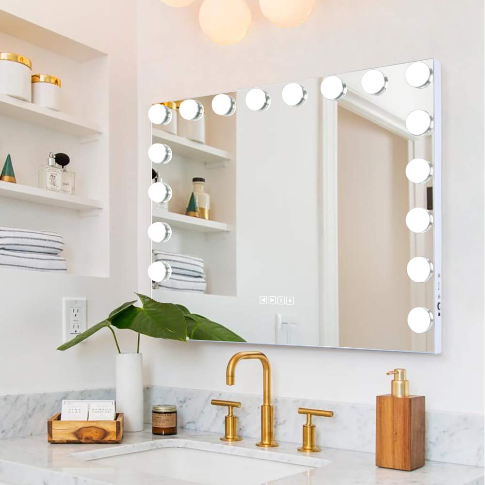 Bobening Vanity Mirror for Makeup Bluetooth  Extra Large Hollywood Lighted Mirror with 18 Dimming LED Bulbs Smart  Tabletop/Hanging Cosmetic Mirror with Touch Screen & USB Charging Port & Speaker