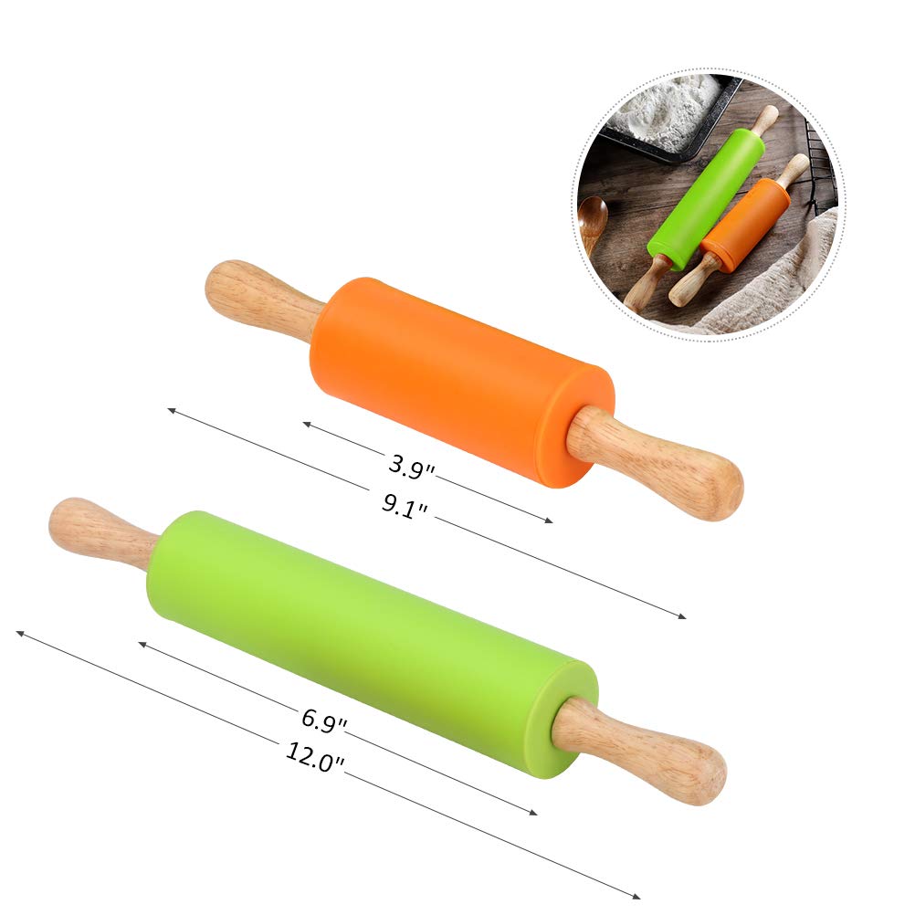 Alimat Plus Silicone Rolling Pin, Dough Roller For Pizza, Cookie With Wooden Handle And Surface, 2 Pack Rolling Pins For Baking