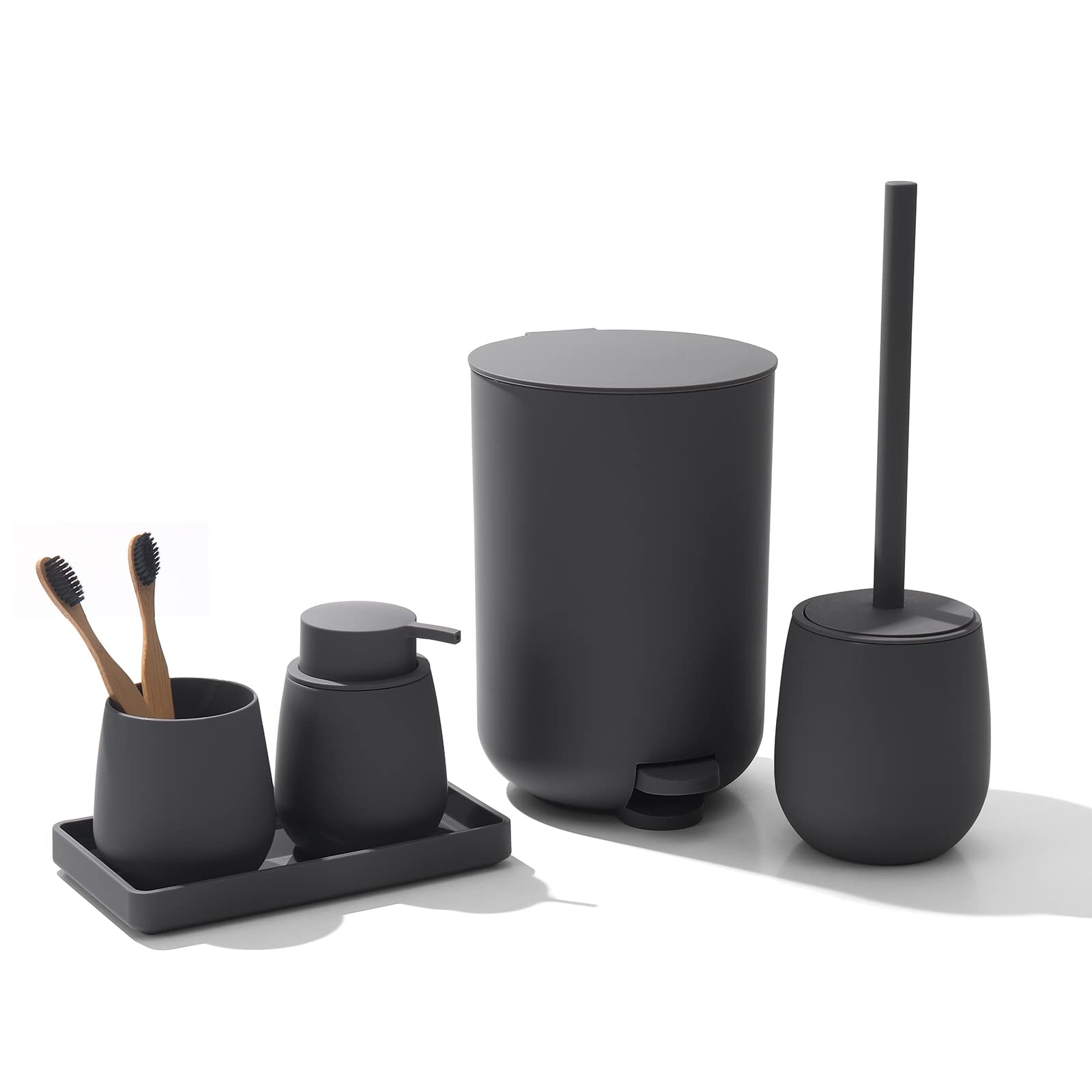 Gahefy Grey Bathroom Accessories Set With Small Trash Can 3 Liter/0.8 Gallon,Toothbrush Holder,Soap Dispenser,Vanity Tray,Toilet