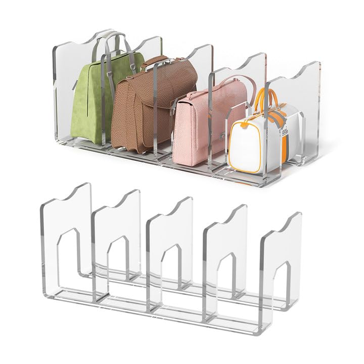 frtzal Purse Handbag Organizer 4 Sections Bag Closet Shelf Divider Purse Display Stand Handbag Storage Organizer Clear Desk File