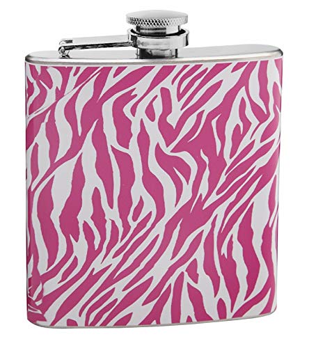 Hip Flask Holding 6 oz  Zebra Print Design  Pocket Size, Stainless Steel, Leak Proof, ScrewOn Cap  Pink and White Wrapped Vi