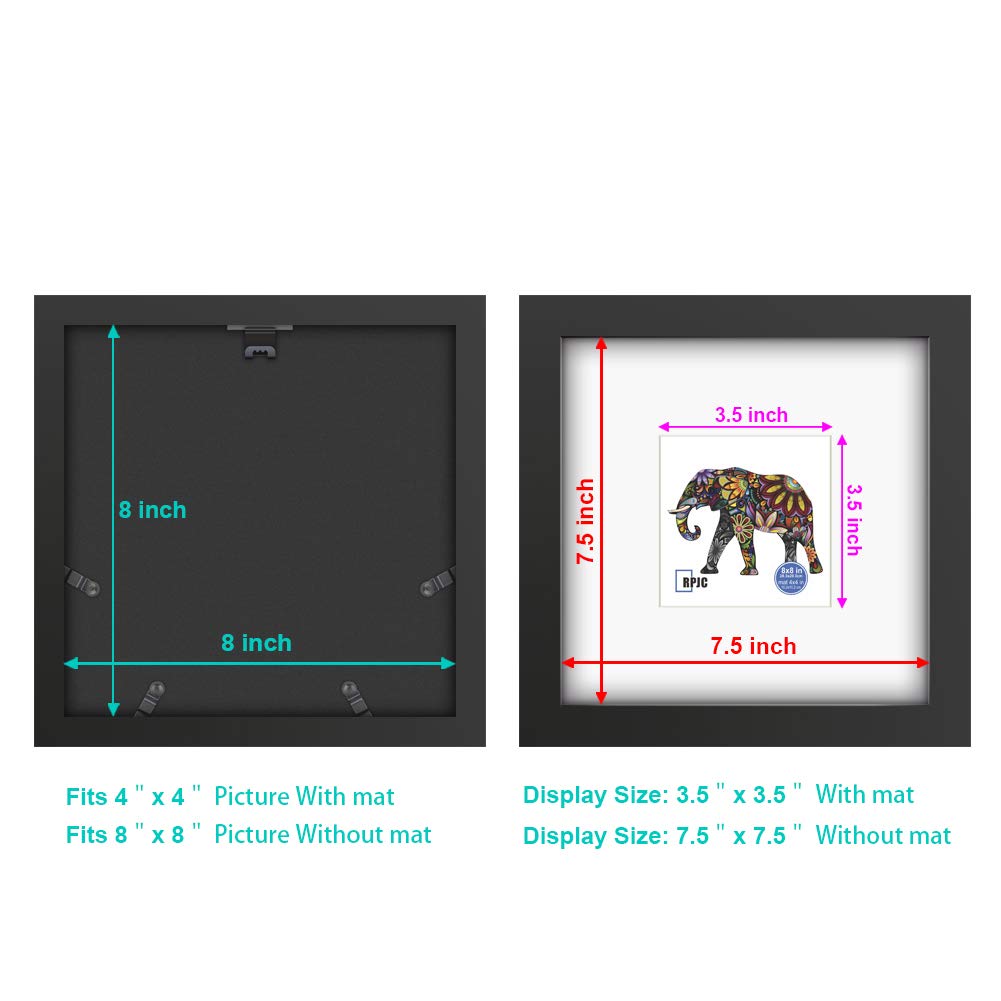 RPJC 8x8 Soild Wood Picture Frame with High Definition Glass Display Pictures 4x4 with Mat or 8x8 Without Mat for Wall Mounting
