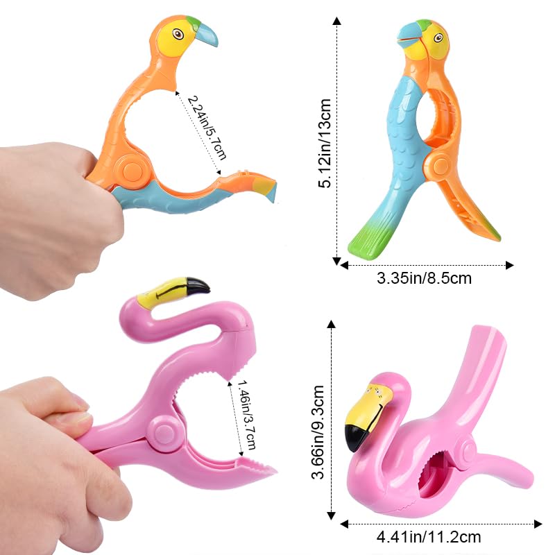 Sopito Jumbo Beach Towel Clips Set of 4, Large Plastic in Pink Orange Flamingo Parrot for Chairs, Pool & Patio Accessories
