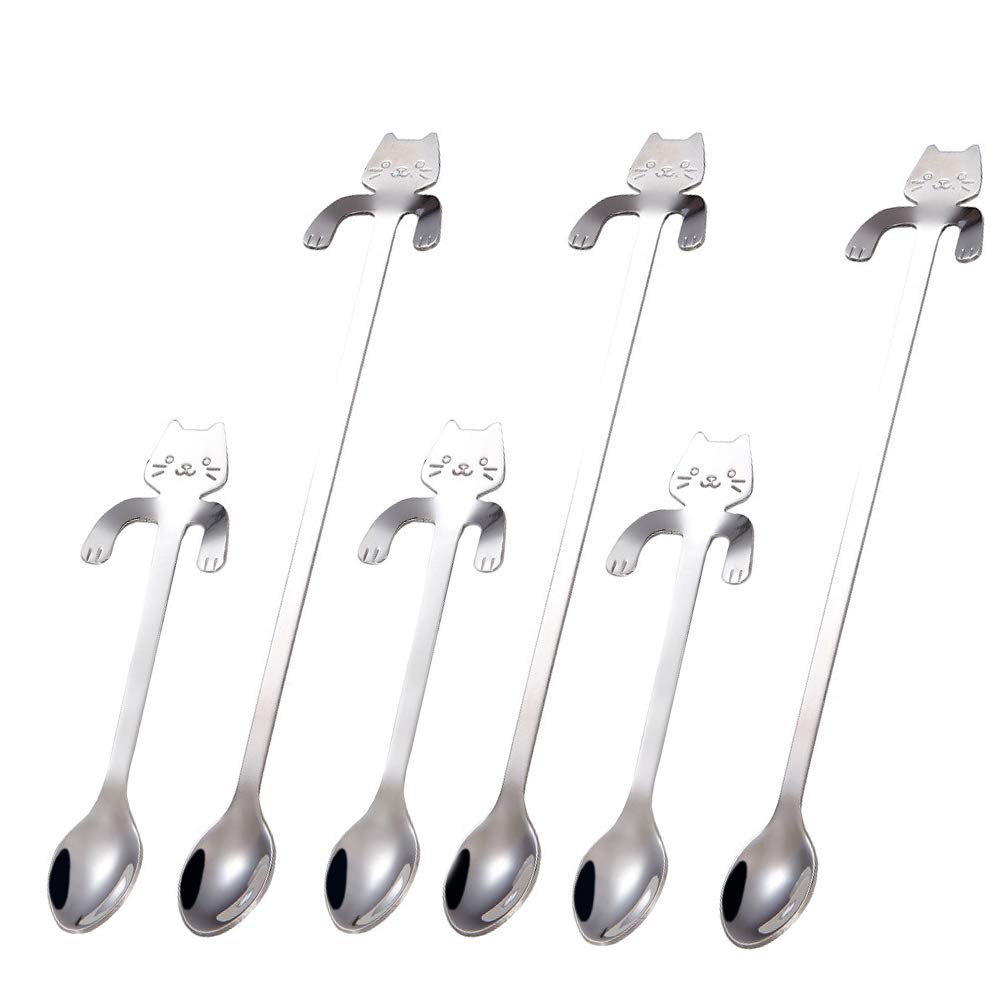 6 Pcs Cat Spoon Coffee Tea Spoon Set, Esrise Stainless Steel Hanging Cup Teaspoons Demitasse Mini Long Cute Kitten Spoon For Des