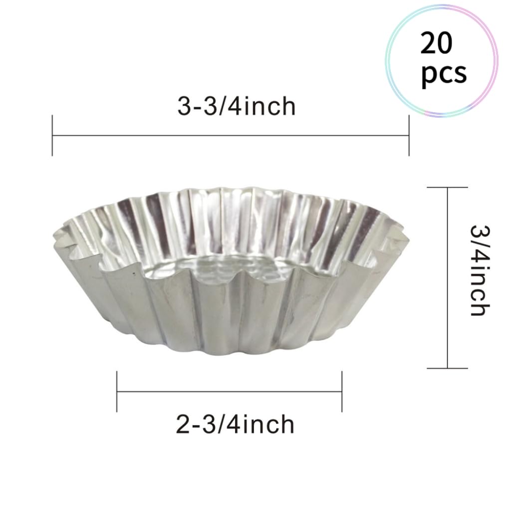 Mystar Set Of 20, 3-3/4'' Fluted Design Round Shape Non-Stick Aluminum Tart Mold, Mini Pie Tin, Tartlet Pan