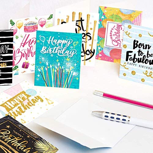 DEEPLAY 24 Birthday Posters Assortment  Elegant Bulk Notes Embossed with gold Foil Letters  with Envelopes and Stickers (47*67)