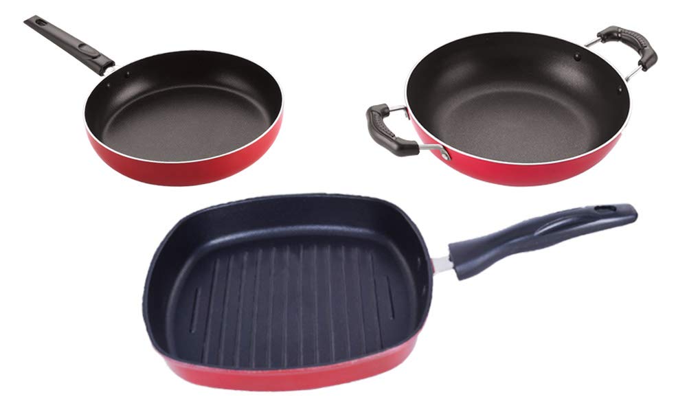 Nirlon Non Stick Cookware Kitchen Cooking Essential Set  Red, 3 Pieces (Fp10_Kd10_Gp24)
