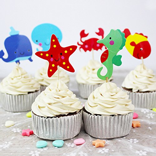 iMagitek 48 Pcs Ocean Sea Animal Cupcake Toppers for Under the Sea Theme Party and Kids Birthday Party