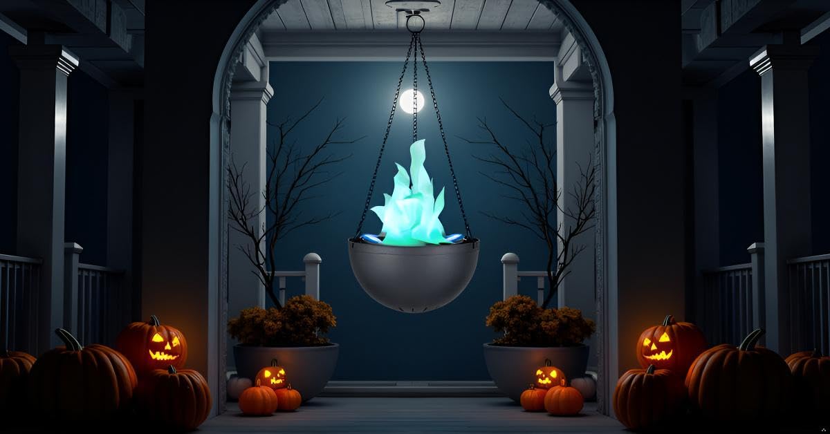 Aspen Creative 61168-24-1,LED Hanging Fire Flame Light Prop for Halloween,Christmas and Party Decor,Black Finish,Blue Flickering