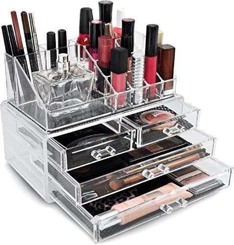 Ontrip 4 Drawer Crystal Makeup Organizer, Clear Acrylic Cosmetics Makeup Organizer Combo Set Of 3 Layer Drawer And 16 Pcs Lipsti