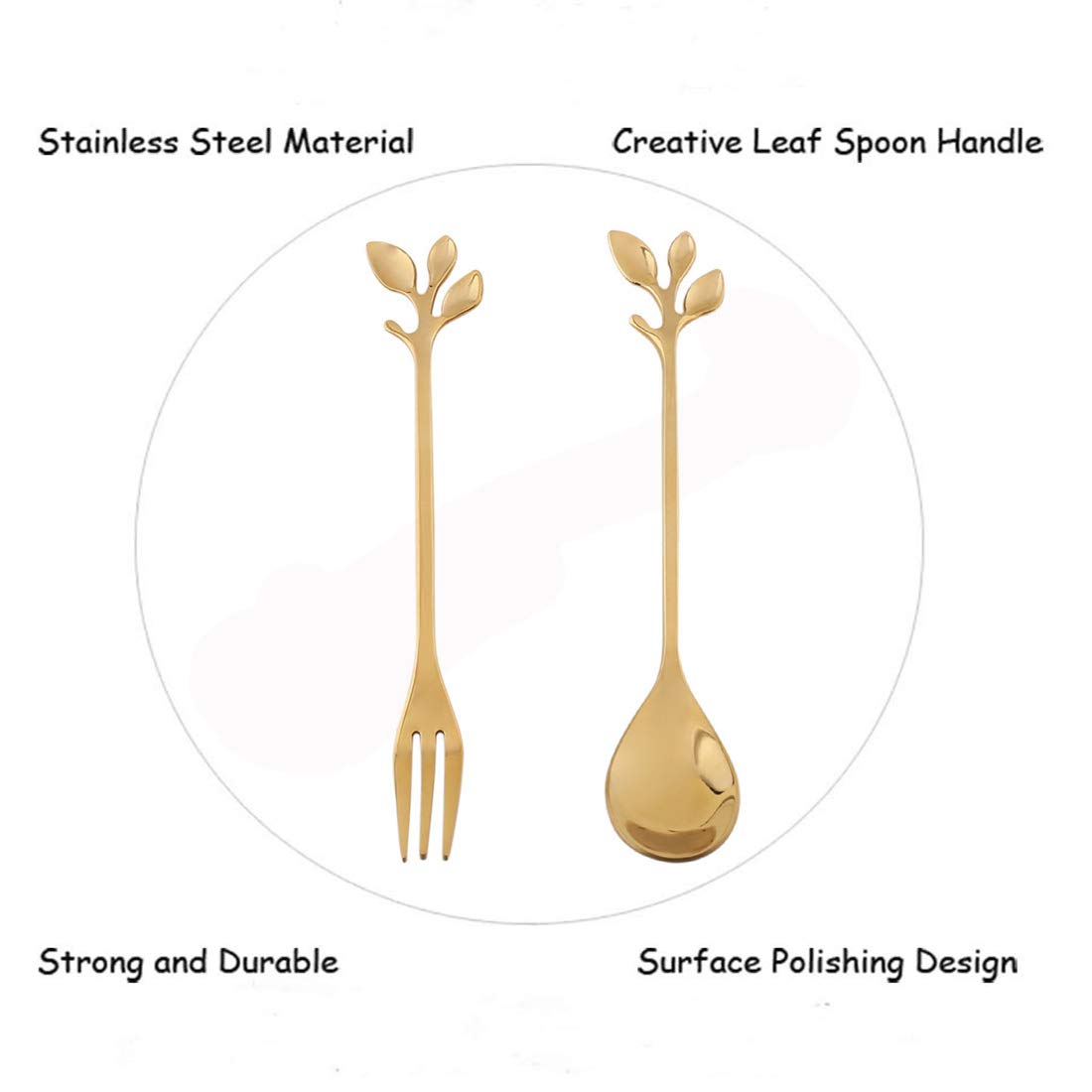 Ansaw 10-Pc Gold Mini Spoons & Forks Set, 4.7'' - Stainless Steel, Leaf Handle, Ideal For Coffee,Tea, Appetizers, Tastings, Part