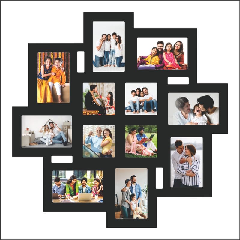 Picrazee Wooden Multiple Images Collage Photo Frame For Wall Decor (12 Photographs, Black Glitter, Size- 23.5* X 23.5* Inch), Re