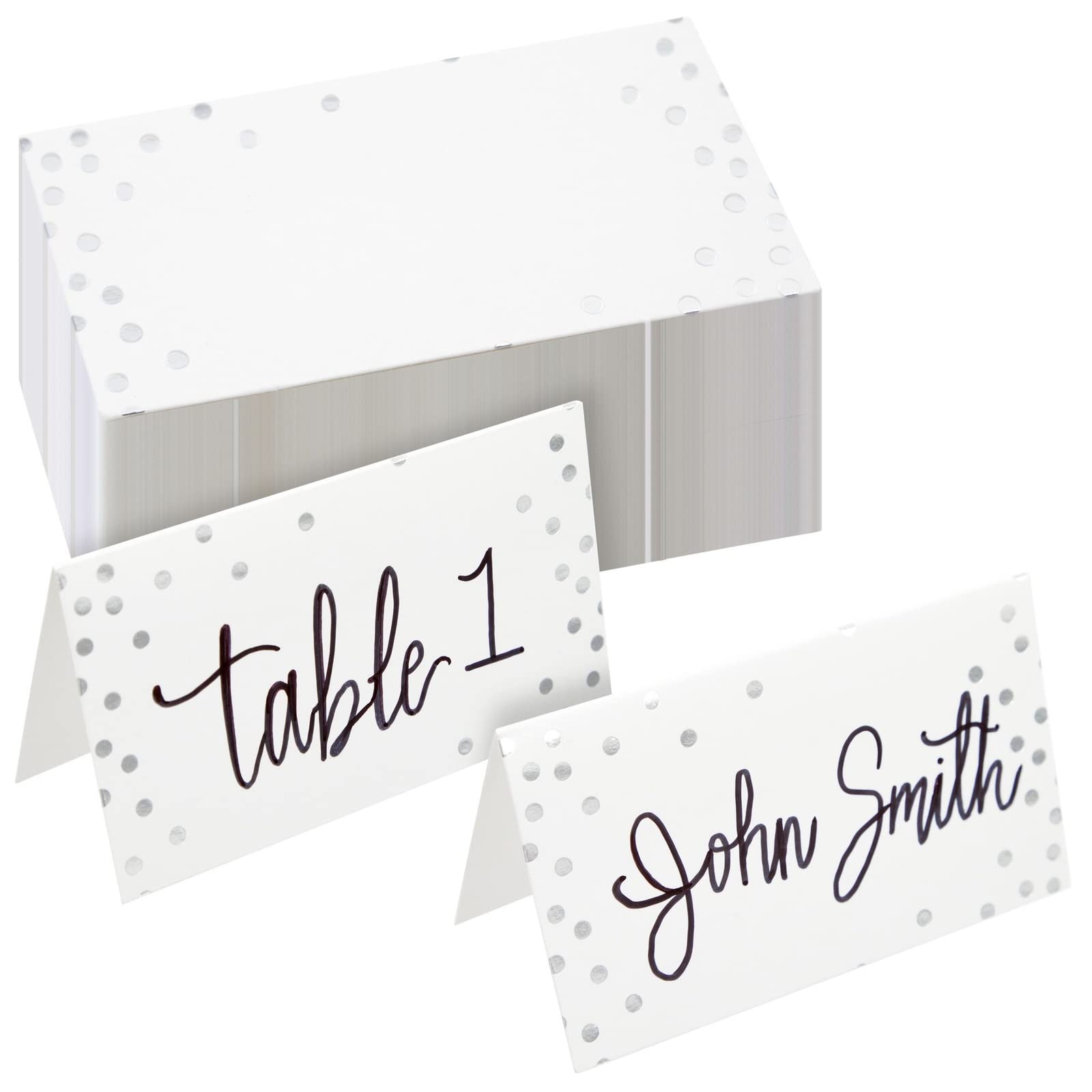 100 Pack Wedding Place Cards For Table Setting, Blank Table Name Card, Silver Foil Polka Dot Place Cards For Birthday, Banquet,