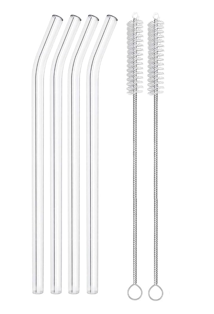 Skodinax Reusable Clear Glass Drinking Straws, Bent, 18 Cm, With Cleaning Brush, For Juice And Smoothie, 4 Straws And 2 Brushes
