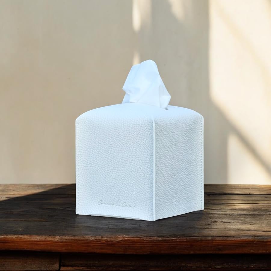 Connsole Casa Premium Pu Leather Tissue Box Holder - Elegant Hotel-Style White Tissue Box Cover For Enhanced D  Cor Of Home, Off