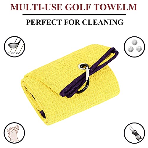 Vividly 2 Pack Tri-Fold Golf Towels, Premium Microfiber Fabric Waffle Pattern With Black Heavy Duty Carabiner Clip, Yellow Golf