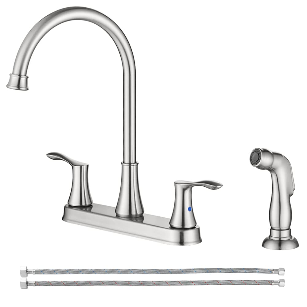 Parlos 8 Inch Two Handles High Arch Kitchen Sink Faucet With Side Sprayer & Supply Lines, Brushed Nickel, Demeter 14138