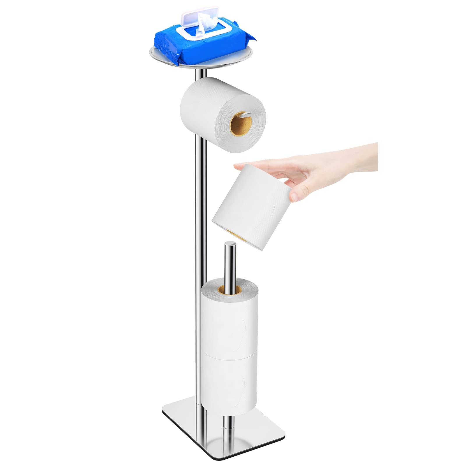 FEILERN Toilet Paper Holder Stand for Bathroom Floor Standing Toilet Roll Dispenser Storages 4 Reserve Rolls  with Top Storage Shelf for Cell Phones  Wipe  Wallet and More(Chrome)