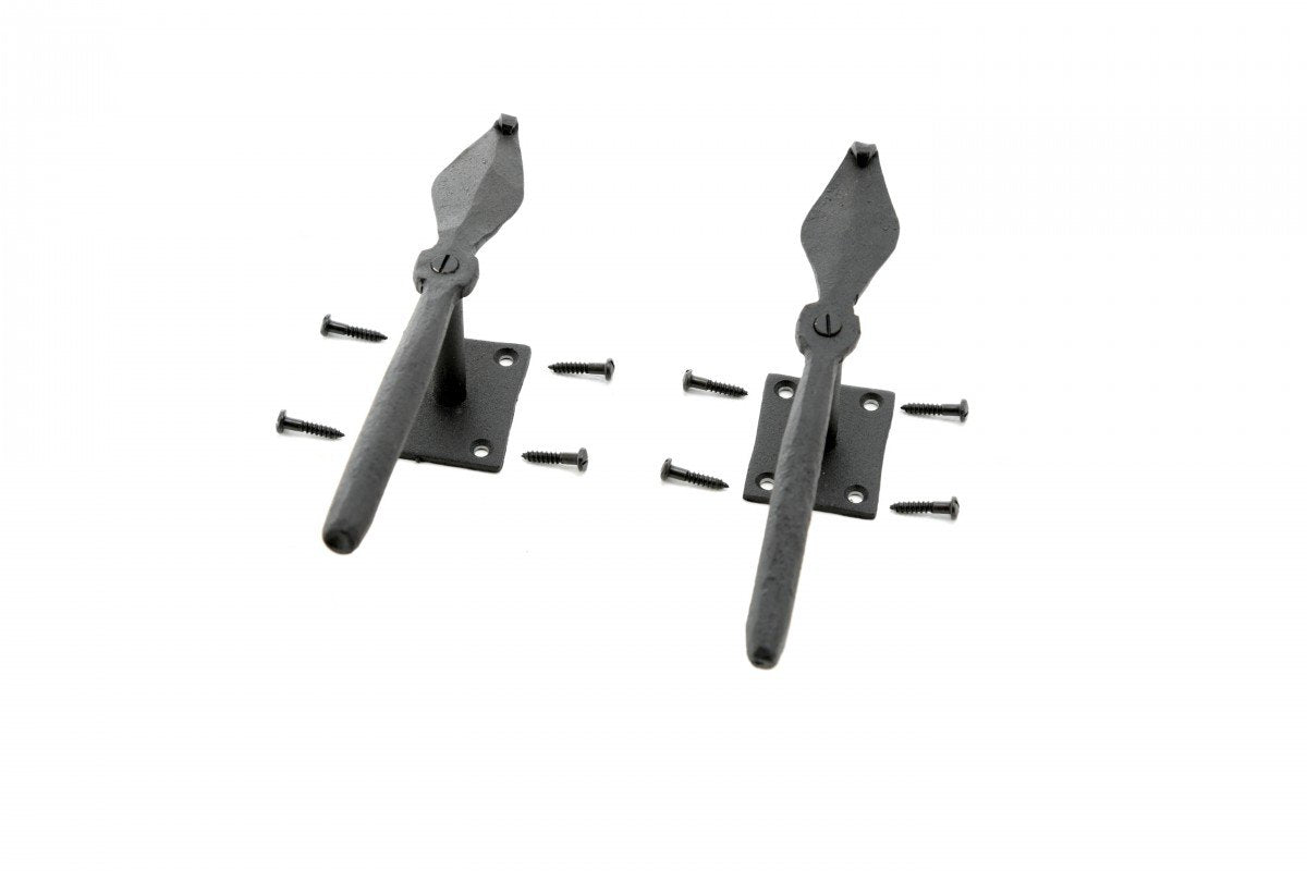 Renovators Supply Manufacturing Shutter Dogs 7 In. Decorative Spoon Shaped Black Wrought Iron Shutter Dogs With Mounting Hardwar