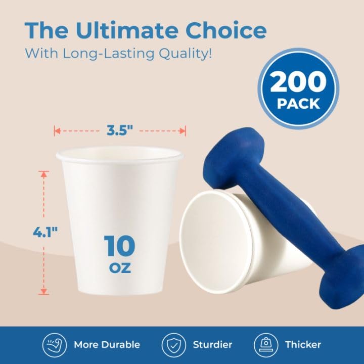 Fit Meal Prep 200 Pack 10 Oz Disposable Paper Coffee Cups, Premium White Hot Cups For Hot/Cold Beverage, Durable Thickened Paper