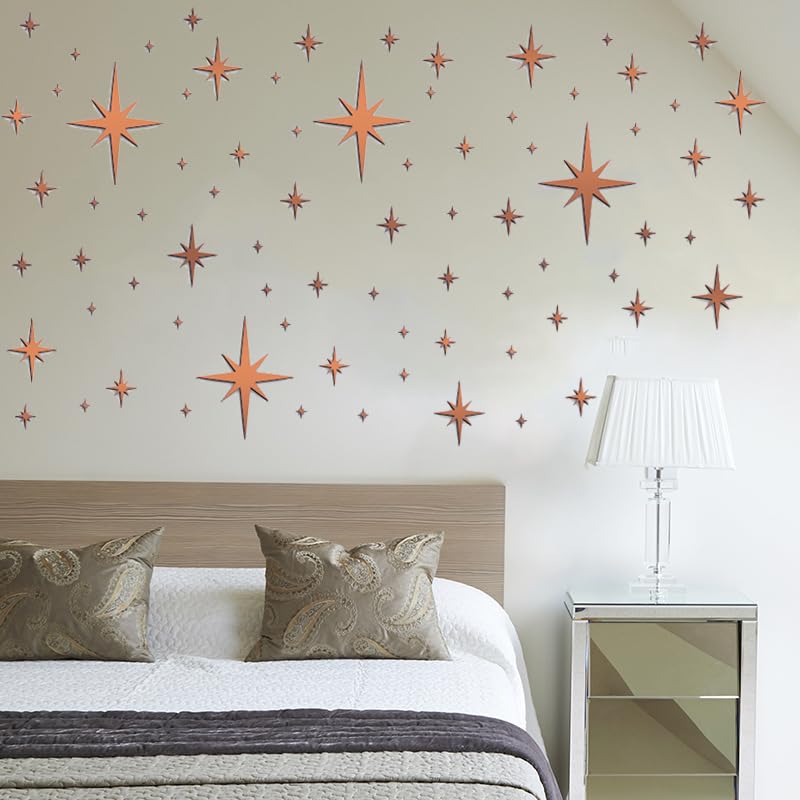 Naiveferry 1 Sheet 82Pcs Acrylic Mirror Star Wall Stickers, Rose Gold Star Pattern Wall Decals Easy To Peel, Self-Adhesive Water