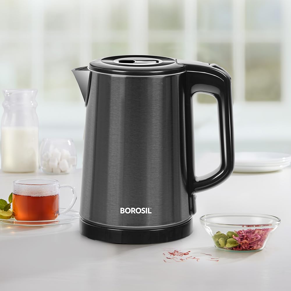 Borosil 1L 1350W Stainless Steel Cooltouch Electric Multipurpose Kettle | Boil Water For Tea/Coffee/Soup/Noodles | Water Heater 