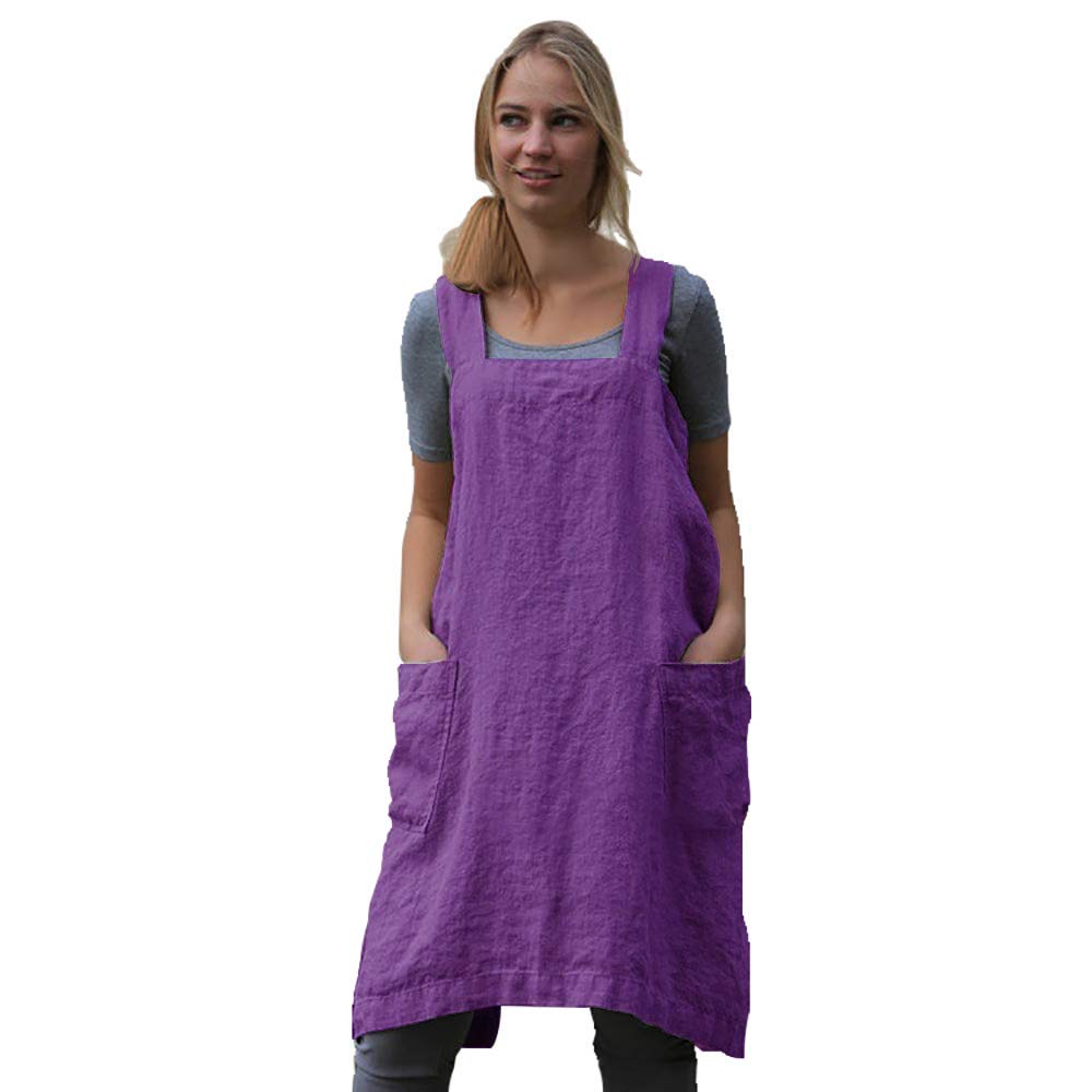 Women 'S Pinafore Square Apron Baking Cooking Gardening Works Cross Back Cotton/Linen Blend Dress With 2 Pockets Purple-L