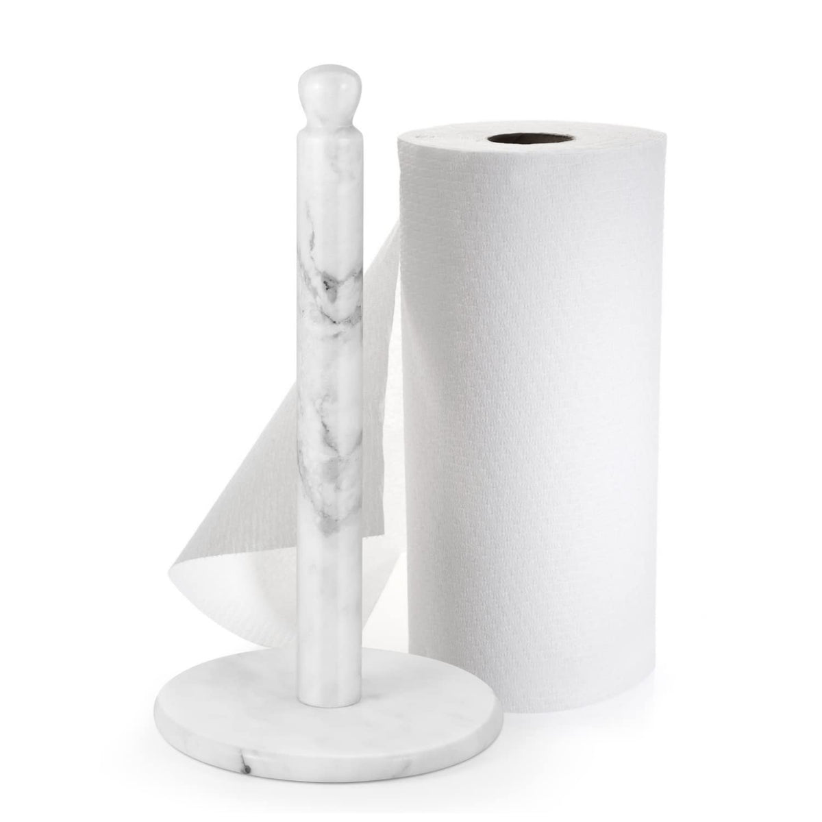 Flexzion Paper Towel Holders - 14 Inch, Kitchen Roll Dispenser Stand Rack/W 6'' Marble Weight Base And Natural Acacia Wood Stick