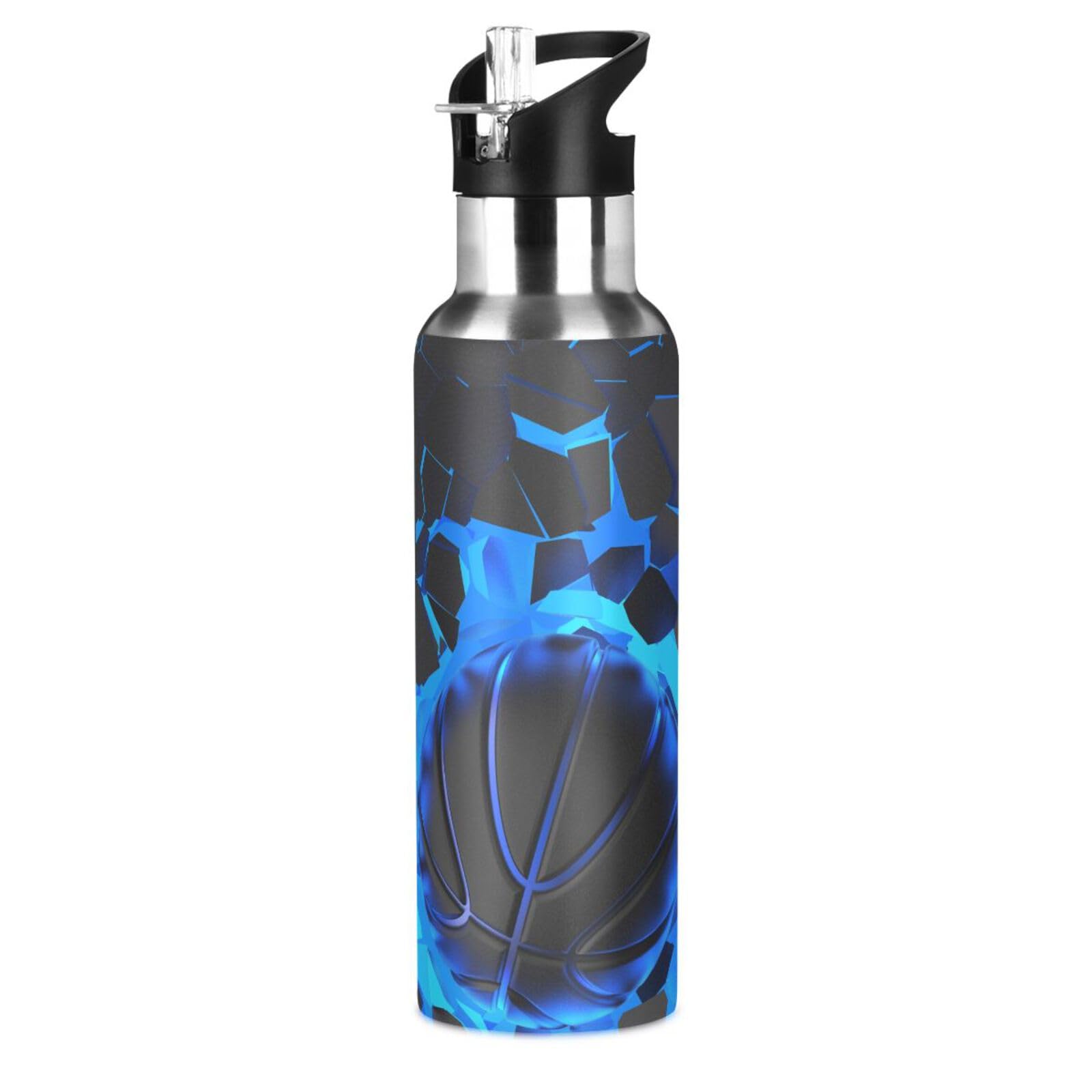 3D Basketball Blue Lighting Water Bottle Kids Boys Girls Insulated Stainless Steel Hot Cold Water Flask with Straw Lid for Sport