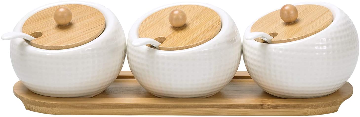 Pepplo 3 Jars Seasoning Canister Spice Jar Pot Sugar Salt Bowl With Lid Spoon And Rack Set For Spice Salt Sugar Cruet