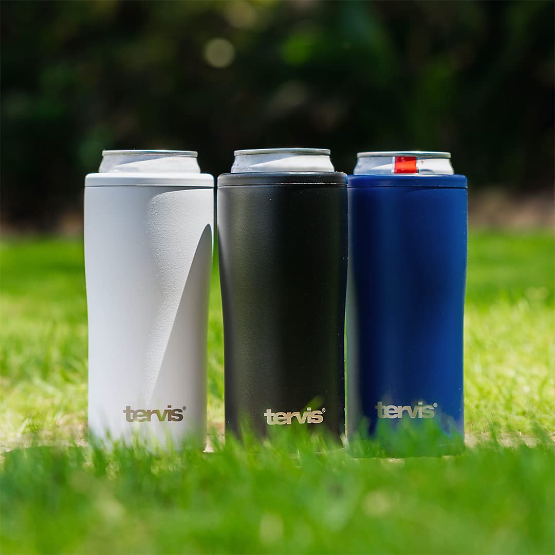 Tervis Deepwater Blue Powder Coated Triple Walled Insulated Tumbler Cup Keeps Drinks Cold & Hot, 12Oz Slim Can Cooler, Deepwater