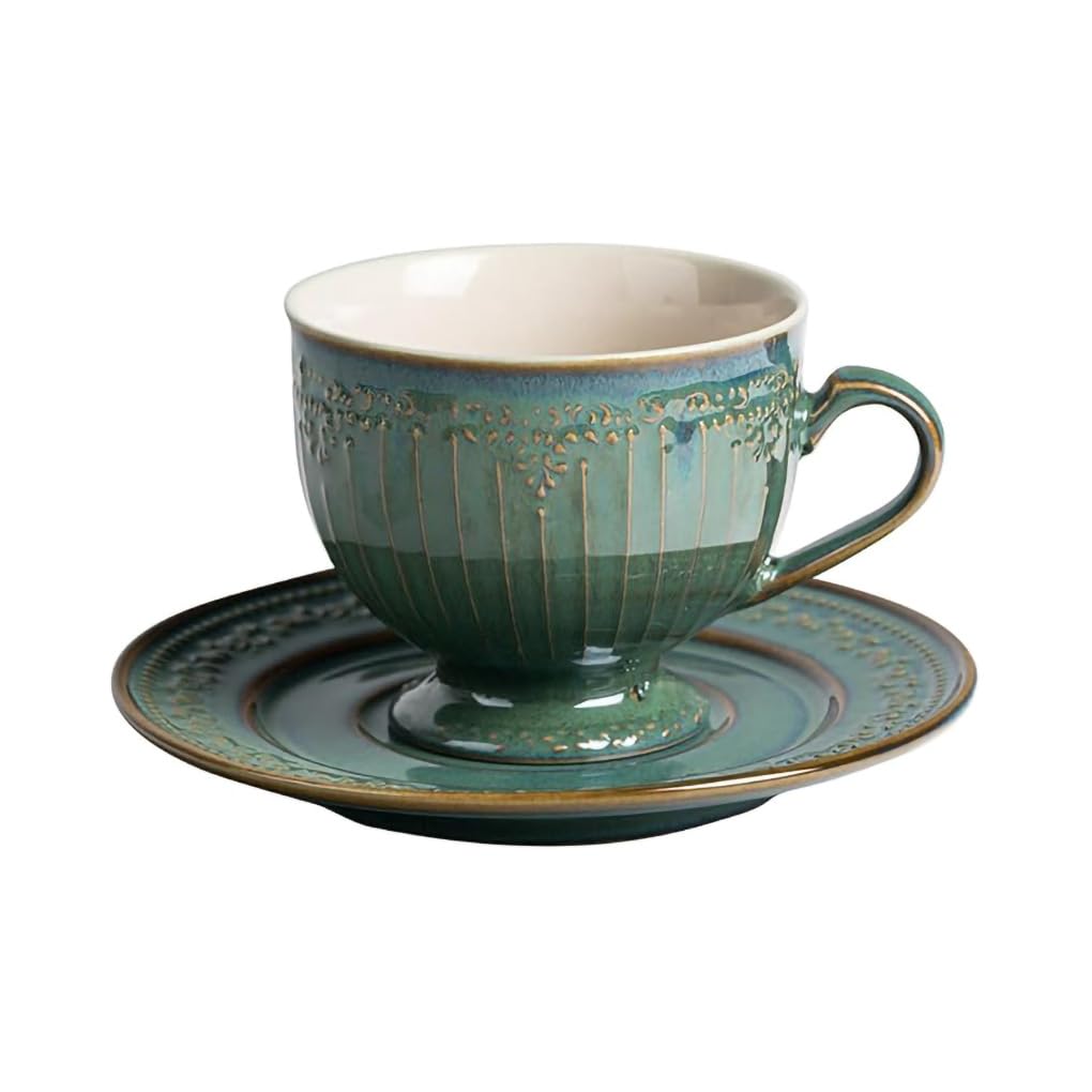 WAIT FLY Vintage Embossed Ceramic Coffee Mug with Saucer Set, Espresso Cup, Tea Cup, Breakfast Cup and Dessert PlateGreen8 OZ