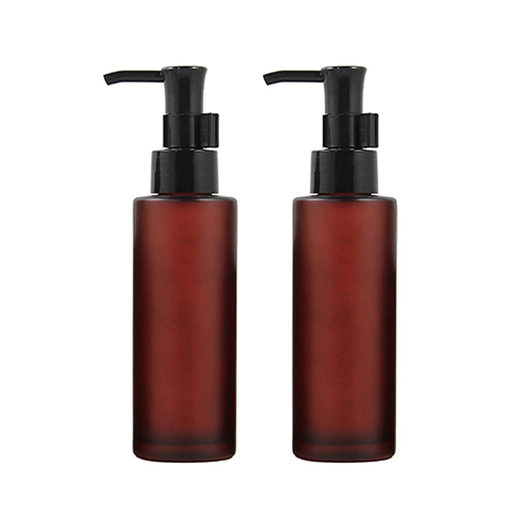 2Pcs 100Ml/3.4Oz Empty Amber Frosted Glass Lotion Pump Bottle Jars With Black Pump Top Cosmetic Makeup Packing Storage Container