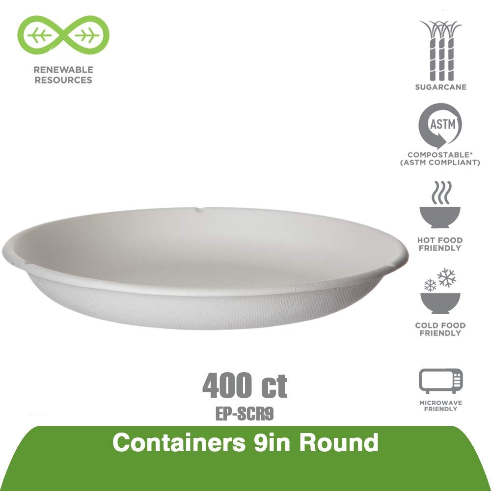 Eco Products Compostable 9'' Shallow Bowls Plates, Case Of 400, Disposable White Molded Fiber, Round, Tree-Free, Stronger Than P