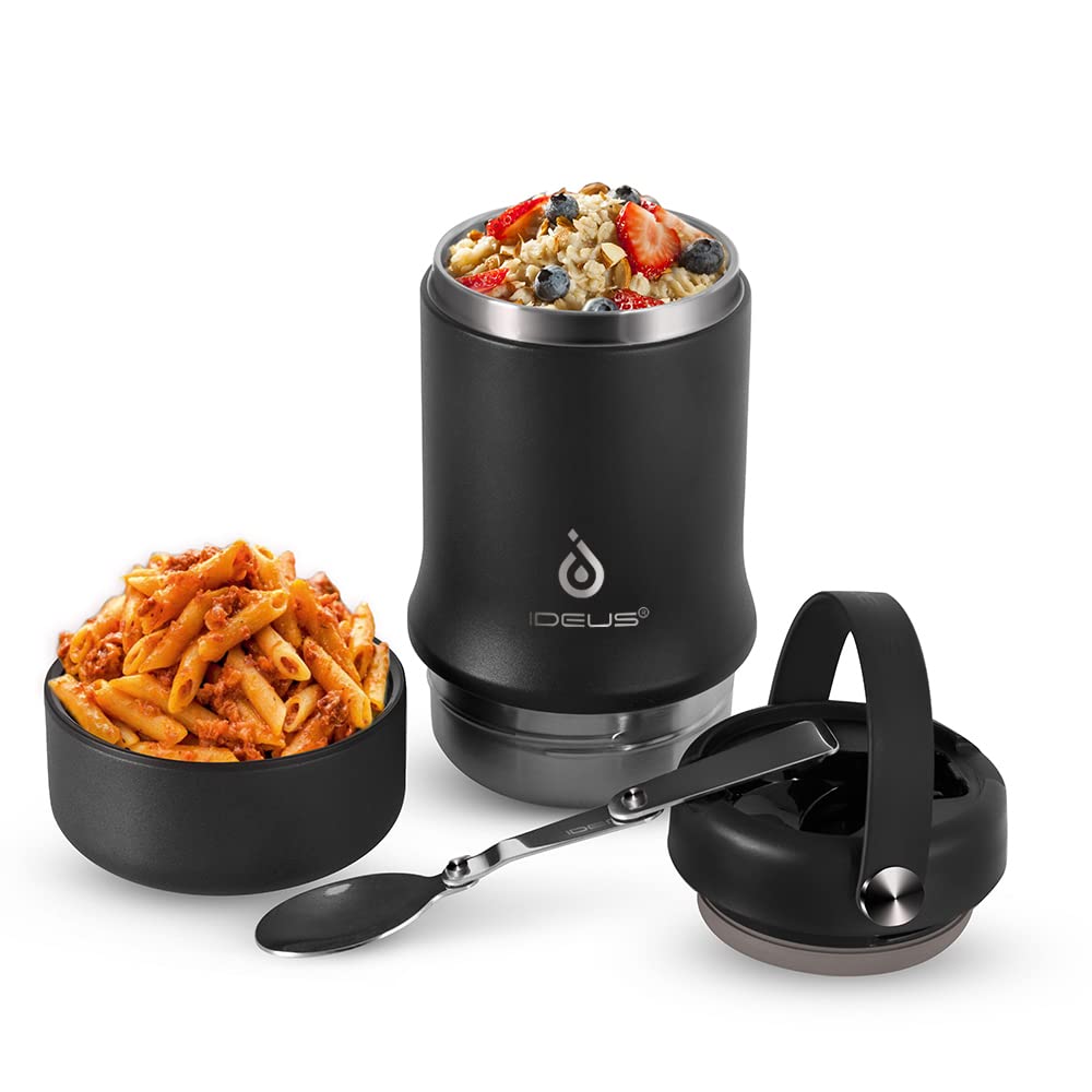 Ideus Soup Thermo with Foldable Spoon and Bowl 20oz, Allinone Insulated Bento Lunchbox Stainless Steel Leakproof Portable Soup