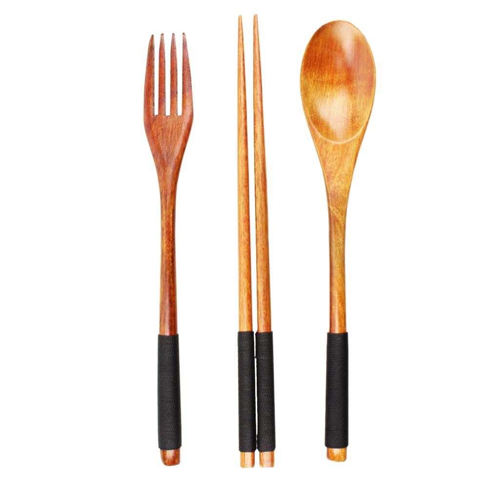 Printsupremacy 3-Piece Japanese Wooden Utensil Set Spoon Fork And Chopsticks With Floral Pouch, Foodie Travel Novelty Business,