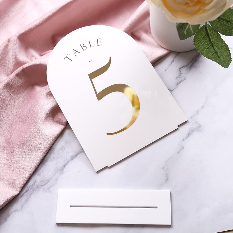 Uniqooo White Arch Wedding Table Numbers With Stands 1-20, Gold Foil Printed 5X7 Double Sided Acrylic Signs And Holders, Perfect