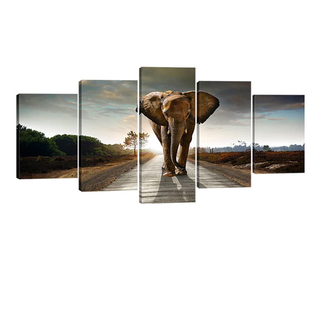 Wieco Art 5 Panels Elephant Pictures Paintings On Canvas Prints Wall Art For Living Room Bedroom Home Decorations Large Size Mod