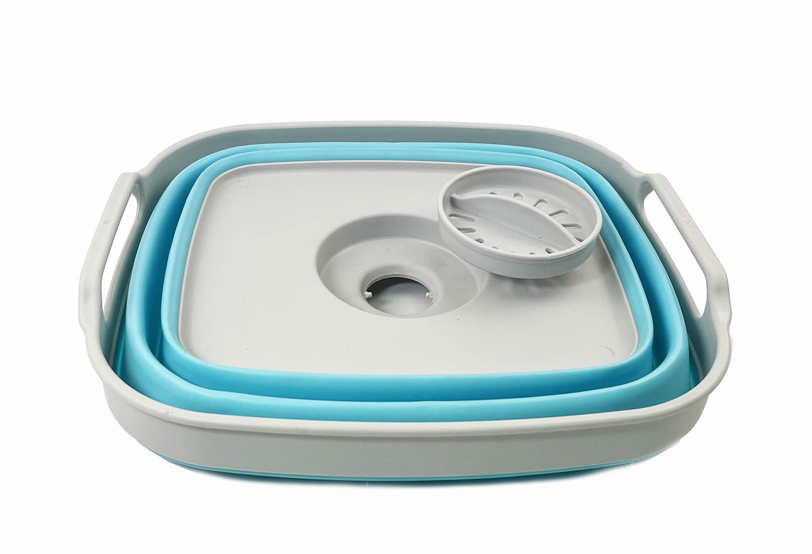 SAMMART 7.5L (2 Gallons) Collapsible Dishpan with Draining Plug - Foldable Washing Basin - Portable Dish Washing Tub - Space Saving y (Grey/Cyanine  1)