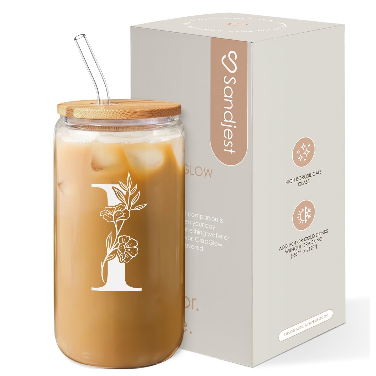 SANDJEST Monogrammed Gifts for Women - Monogram I Initial Glass Cup 16 Oz Can Coffee Cups with Lid and Straw - Monogram Initials