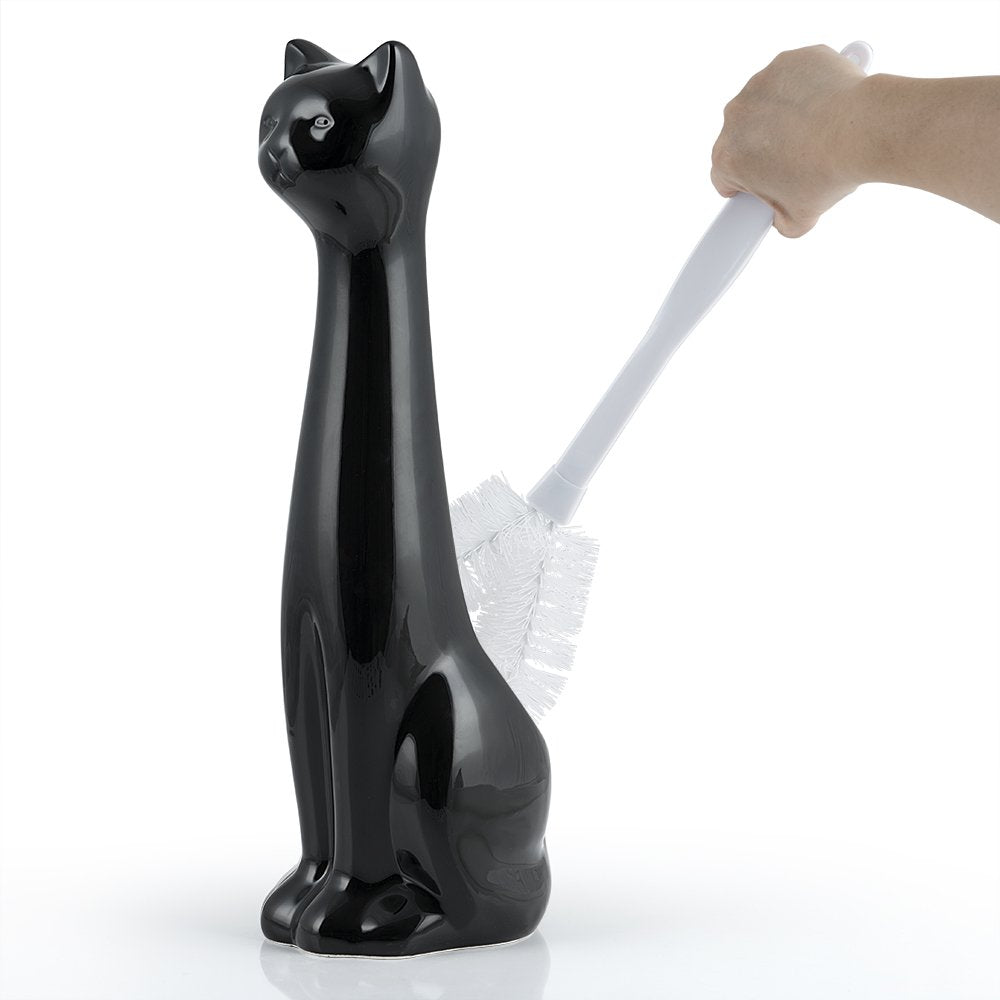 Allure Home Creation Cat Toilet Brush Holder Set, 3-Piece Black Ceramic with White Brush and Soap Dispenser, Model XBSCA