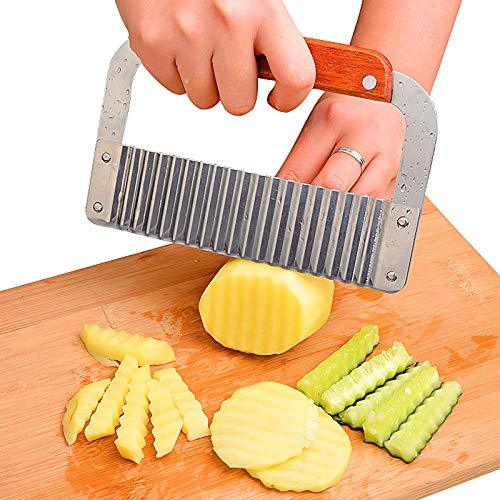 Crinkle Cutter Stainless Steel Potato Slicer Heavy Duty Wavy Crinkle Cutting Chopping Tools With Wooden Handle For Carrot Veggie