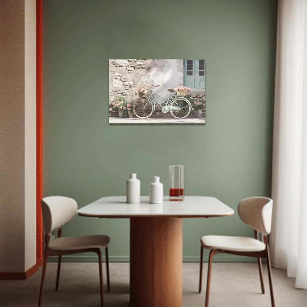Qixiang Farmhouse Bicycle Picture Wall Decor Teal Bike With Flowers Canvas Paintings Art For Farm Home Wall Decor Framed (Bicycl