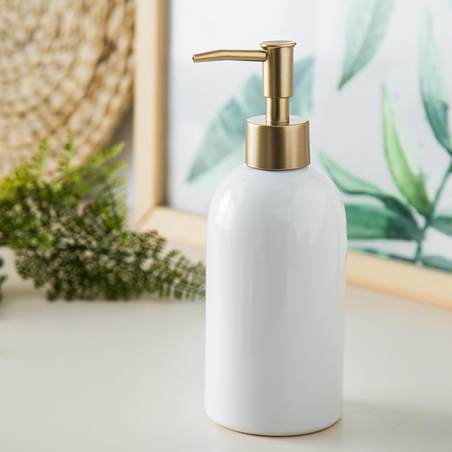 Ceramic Soap Dispenser White With Gold Pump,Simple Design Cylindrical Lotion Dispenser Bottle,Refillable Liquid Hand Soap Dispen