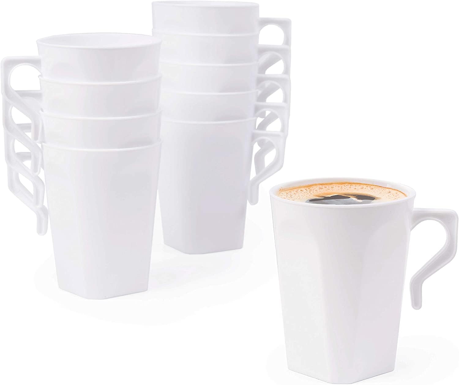 MATANA 50 Pack 9 Oz Plastic Coffee Cups with Handles (White) Disposable Tea Cups with Handles, Plastic Tea Cups for Tea Party & 