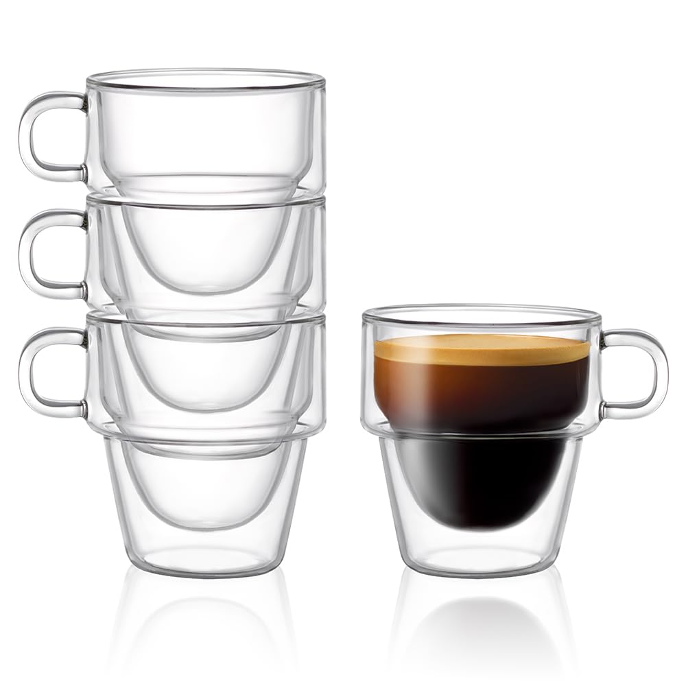 JoyJolt Stoiva Double Wall Insulated Espresso Glass Cups - 5 oz. (150 ml) Shot Cup with Handle - Stackable Thermal Clear Glass C